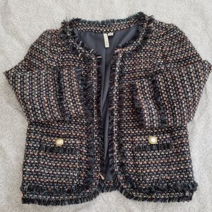 #34 Frenchi Tweed Fringe Trim Open Front Blazer